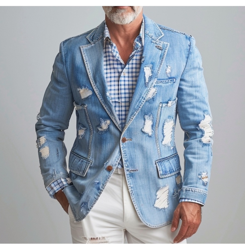 Men's Notched Lapel 2 Button Ripped Denim Blazer Giovanco medium NWT